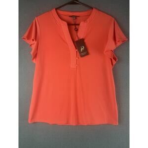 NWT Adrianna Papell Women's Blouse size M Sugar Coral Pleated V Neck